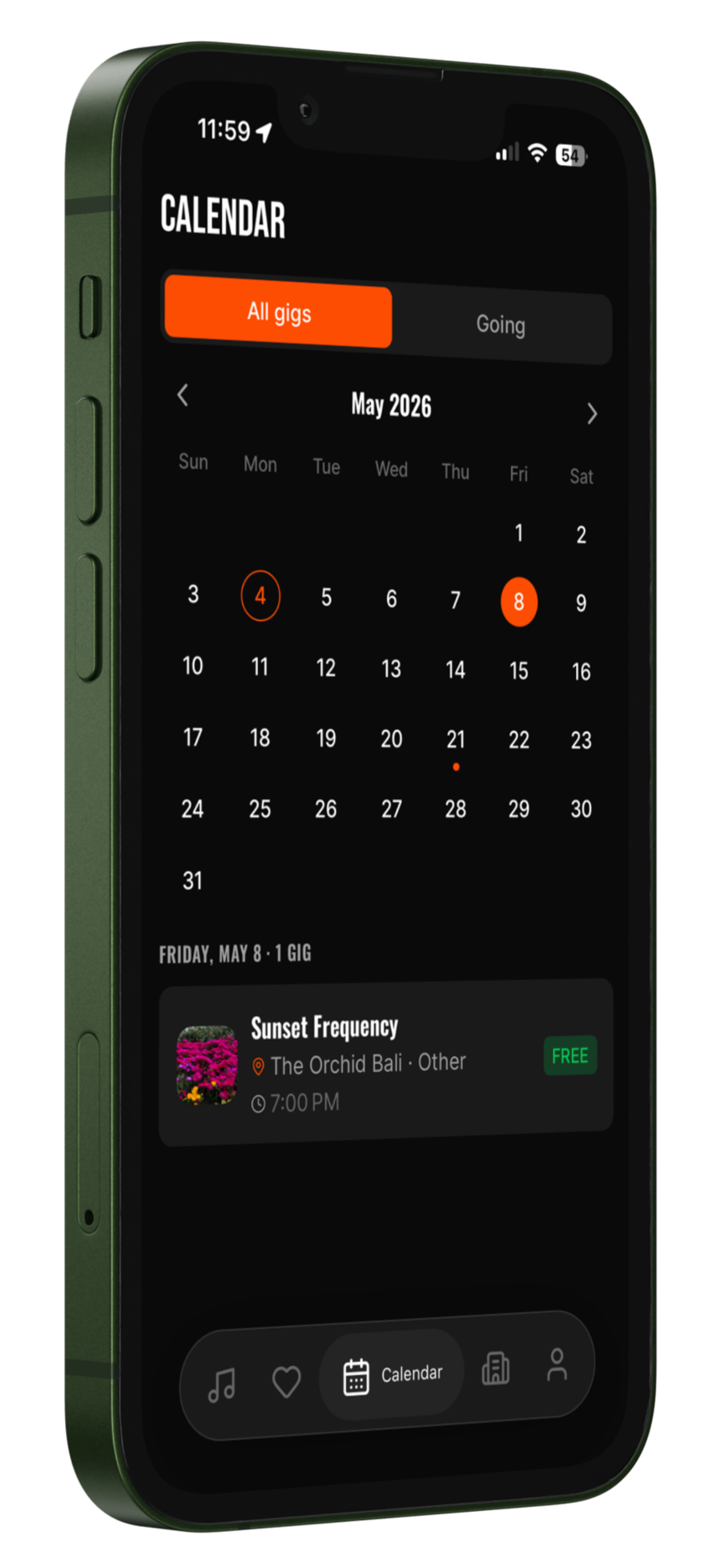 Bali Gig Guide mobile app calendar screen